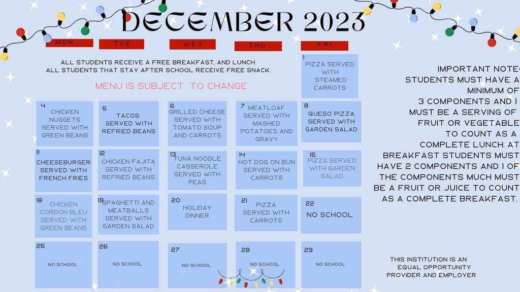 December 2023 Lunch Menu
